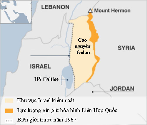 Khu vực kiểm soát của các bên ở Cao nguyên Golan. Đồ họa: BBC.